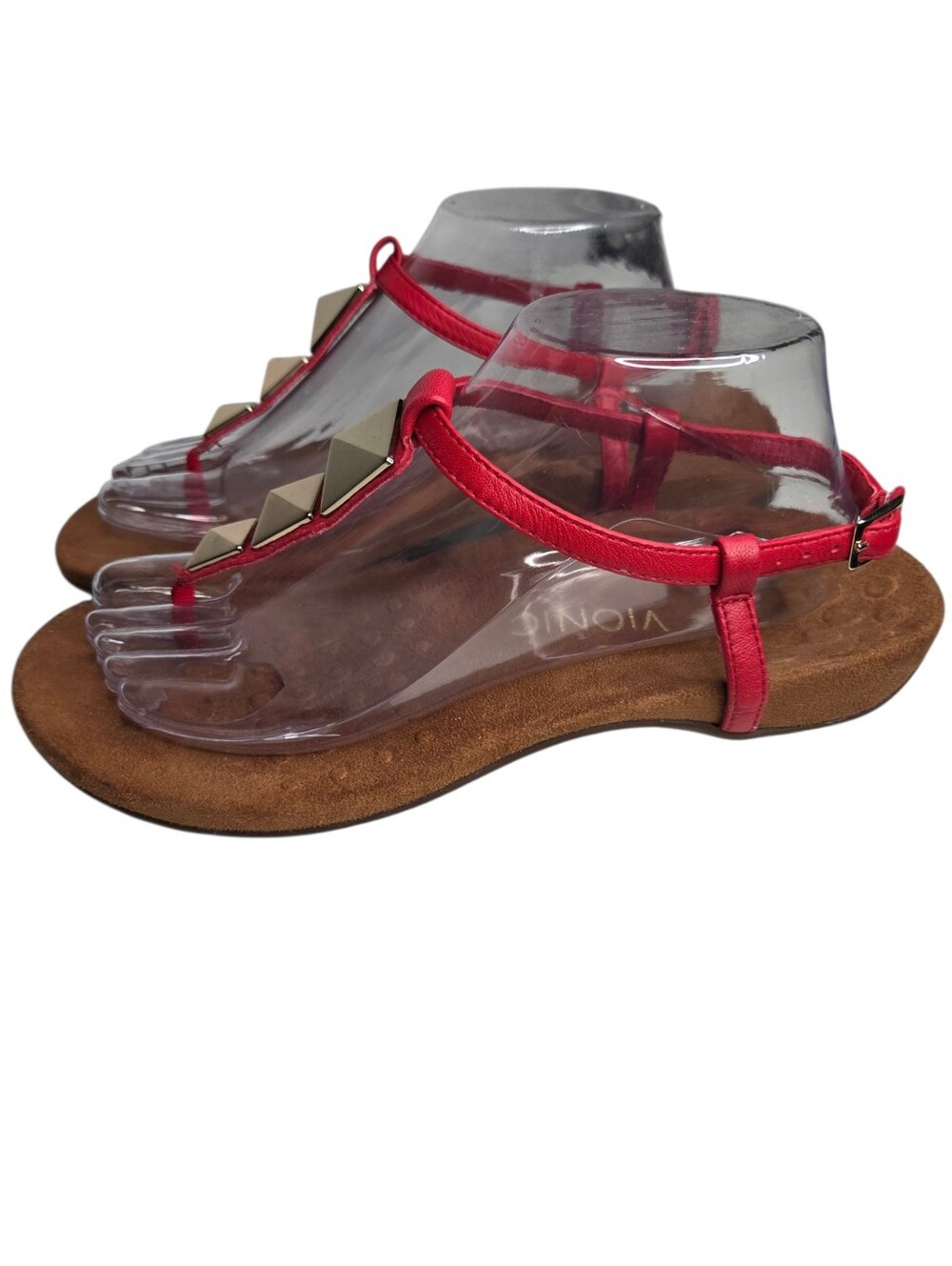Vionic Nala Red Leather Studded T-Strap Sandals Orthotic Support Women 9 Comfort